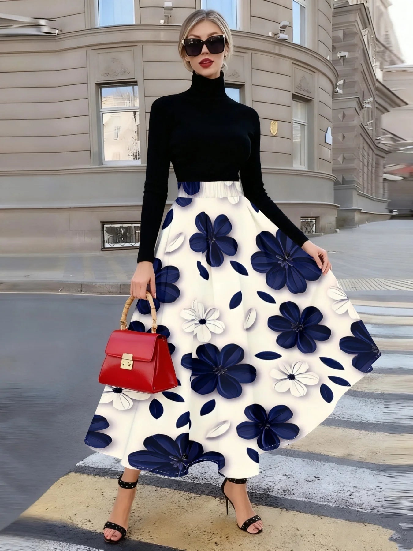 Blue White Floral A-Line Skirt
