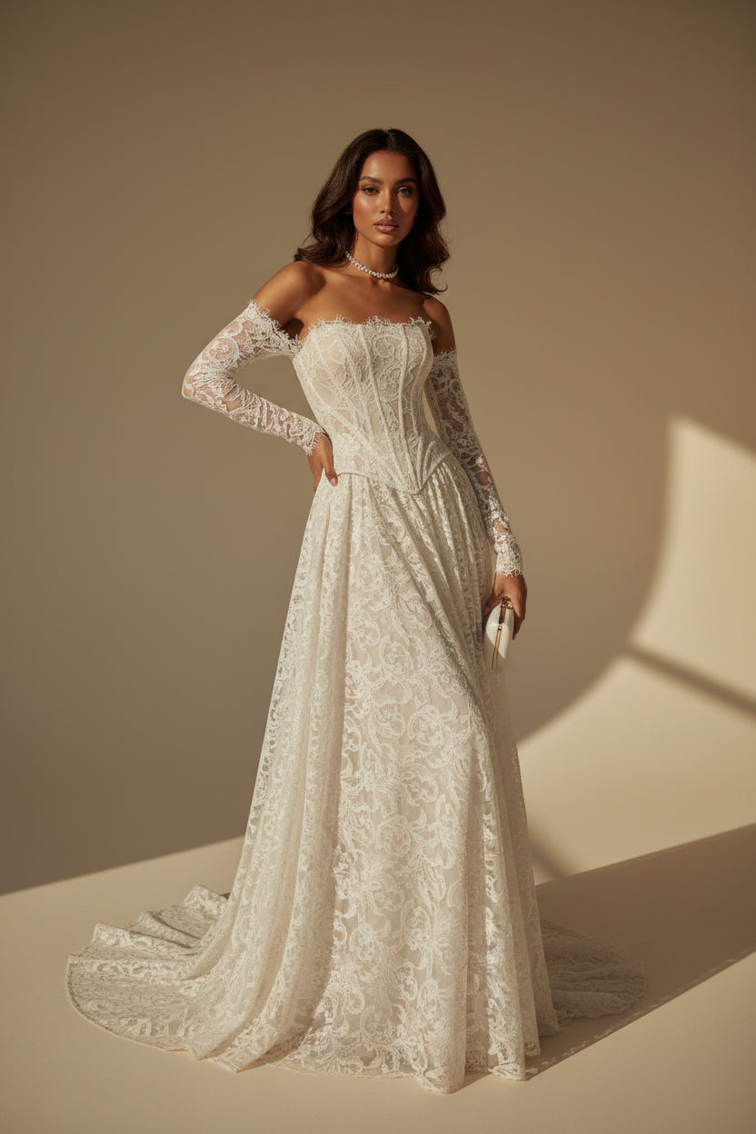 Off-Shoulder Tulle Wedding Gown – A-Line Sweep Train