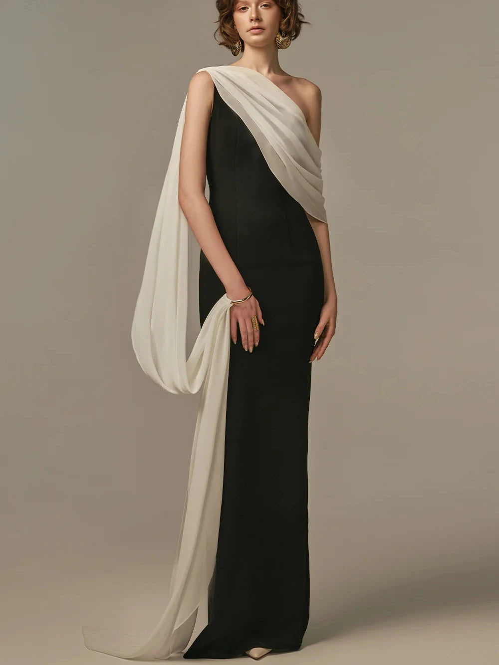 Two-Tone One-Shoulder Satin Prom Gown