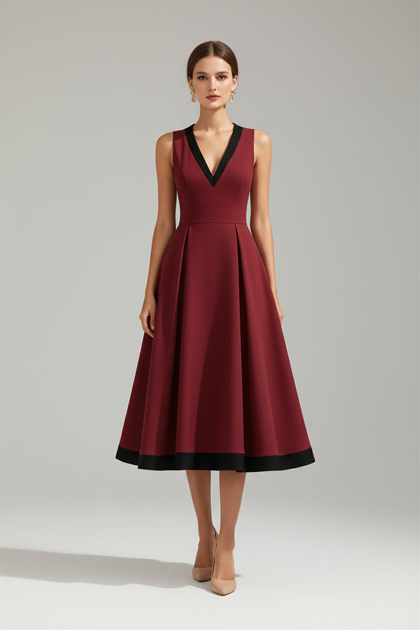 V-Neck Patchwork Waisted Midi Dress