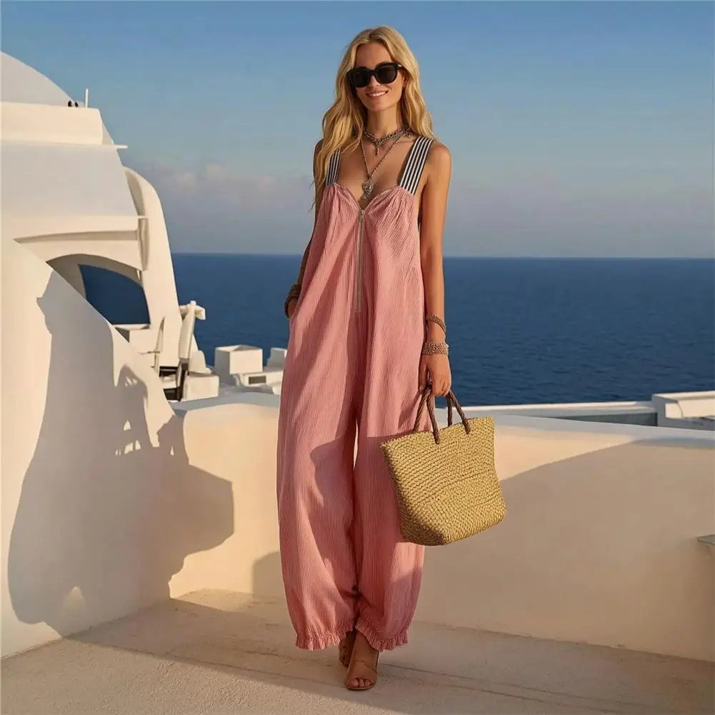 Sleeveless Striped Wide-Leg Jumpsuit with Zipper & Pockets