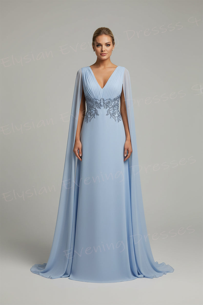 V-Neck Chiffon Appliqué Backless A-Line Prom Gown