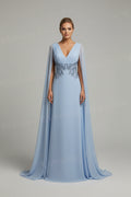 V-Neck Chiffon Appliqué Backless A-Line Prom Gown
