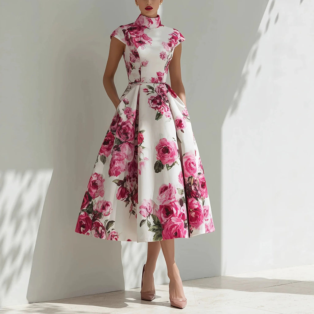 Women's Floral Print High Neck Midi Dress Cap Sleeve A-Line Flared Elegant Cocktail Party Evening Dress with Pockets
