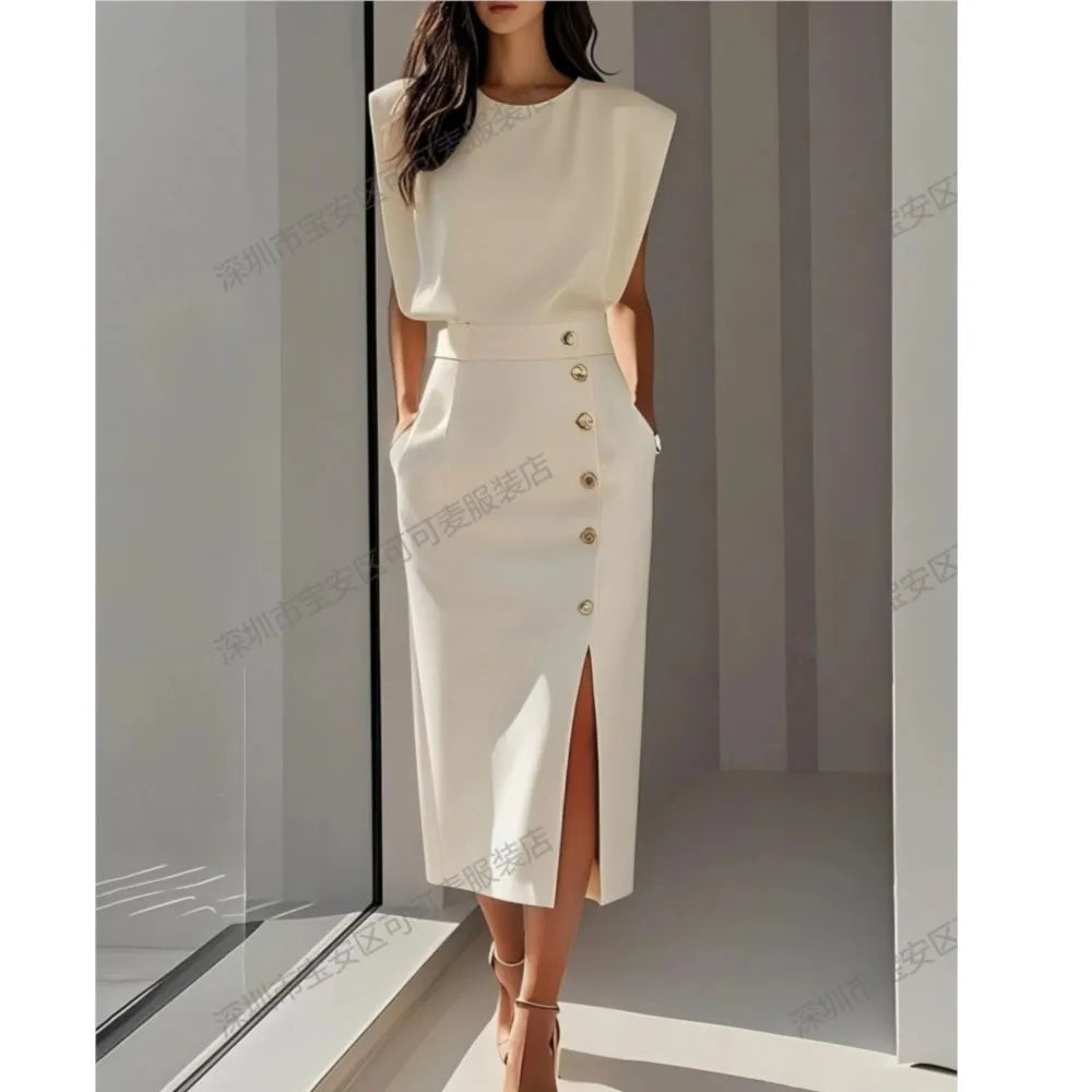 Elegant Ladies Waist Tightening Slit Metal Button Dresses Summer New Slim Hip Sleeveless Pocket Women's Office Dress 2025