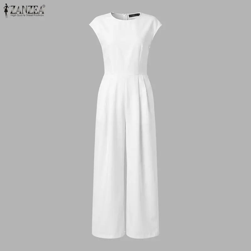 ZANZEA 2026 Summer Rompers Fashion Women Jumpsuits O Neck Short Sleeve Playsuit Elegant Solid Wide Leg OL Work Overalls Trousers