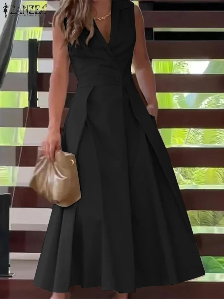 ZANZEA Commute Fashion Midi Dress Summer Lapel Neck Elegant Cinched Waist Pleated Dresses Women Soild Color A-line Vestidos
