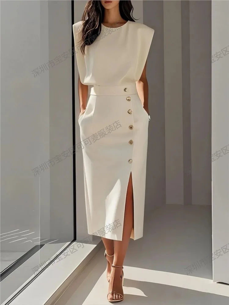 Elegant Ladies Waist Tightening Slit Metal Button Dresses Summer New Slim Hip Sleeveless Pocket Women's Office Dress 2025