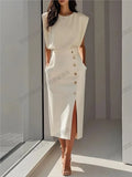 Elegant Ladies Waist Tightening Slit Metal Button Dresses Summer New Slim Hip Sleeveless Pocket Women's Office Dress 2025