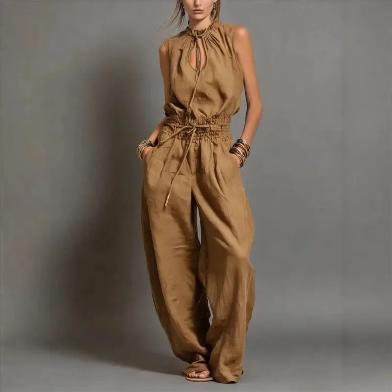 Vestidos Hollow Lace Wide-leg Trousers Jumpsuits Summer New Solid Color Loose Sleeveless Lace-up Waist Jumpsuit Set for Women