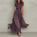 V-Neck Ruffle Cinched Waist Flowy A-Line Maxi Dress
