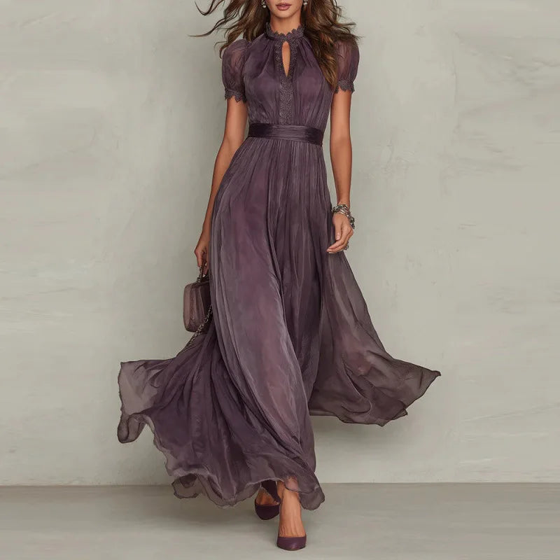 V-Neck Ruffle Cinched Waist Flowy A-Line Maxi Dress