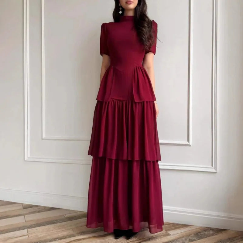 Tiered Pleated Round-Neck Midi Dress