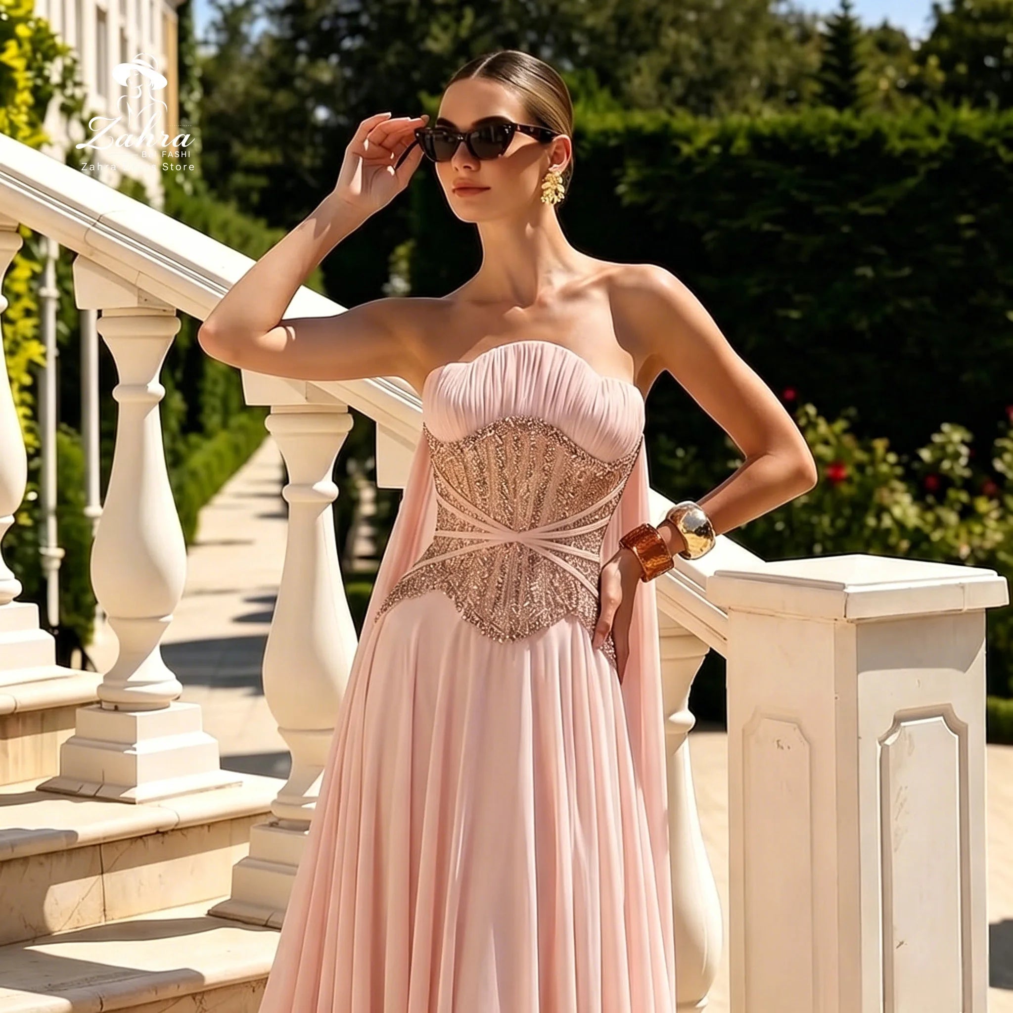 Women's Formal Evening Gowns Blush Pink Strapless Beaded Corset Chiffon Cape Evening Dresses Elegant Party Dresses Wedding Dress