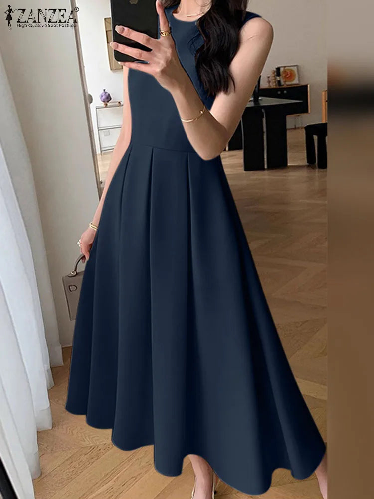 ZANZEA Women Sleeveless Pleated Dress 2025 Summer Korean A-line Tank Evening Dress Elegant Swing Vestido Vintage Party Long Robe