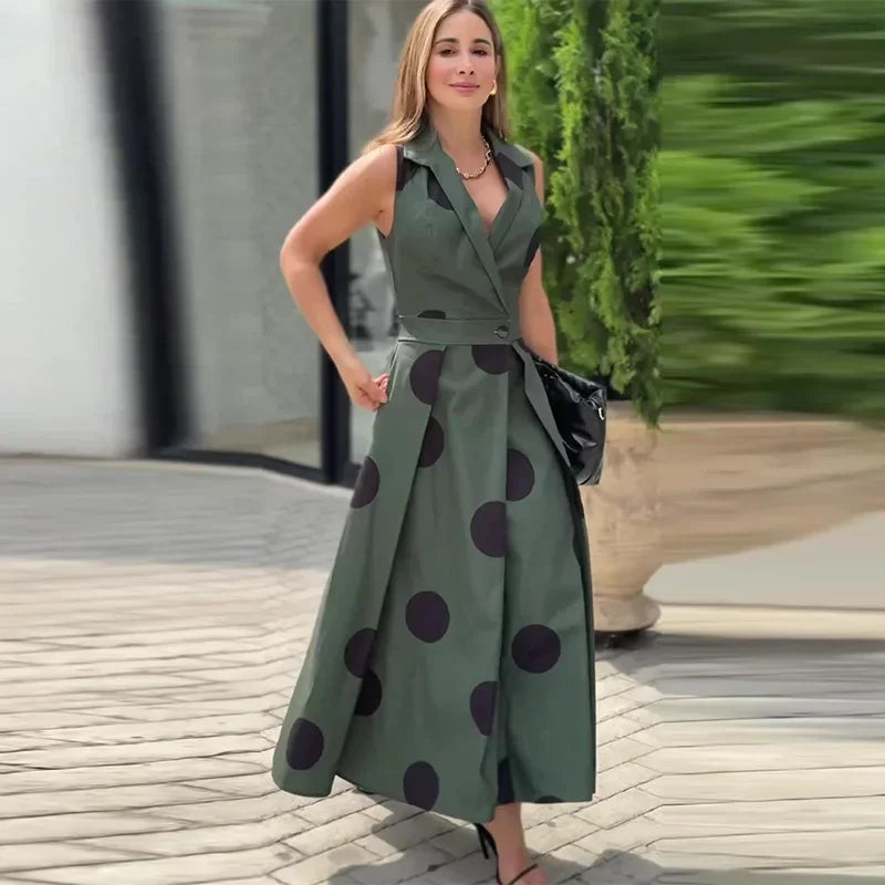 Commuter Button Sleeveless Blazer Maxi Dress Women Dot Office Lady Ankle Length Loose Fit Spliced Button Print Casual Daily Wear