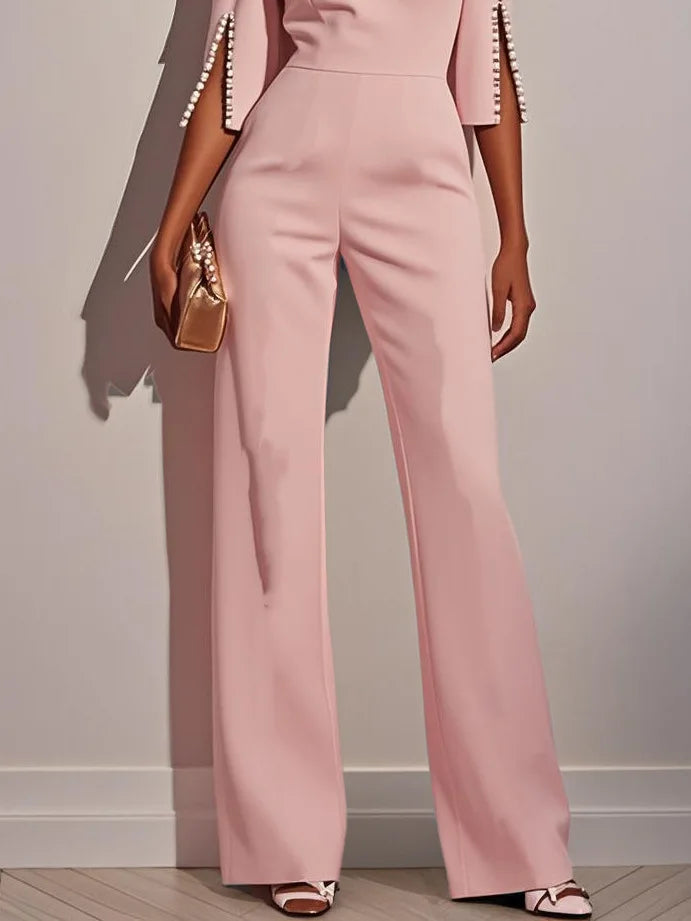 2025 Women's Jumpsuits Beaded Decorative Slim Trousers Three-quarter Sleeves Office Evening Pink Fashion Business Playsuit