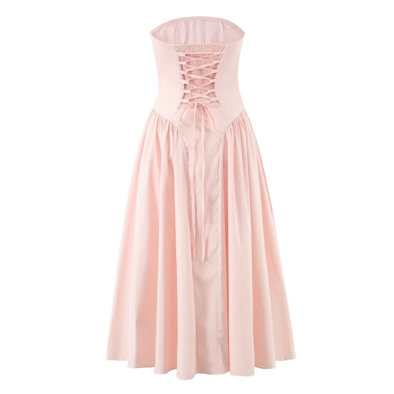Women's Elegant Pink Wedding Guest Tube Midi Dress Lace Up Corset Waist A Line Flowy Party Dress Casual Formal Evening Gown