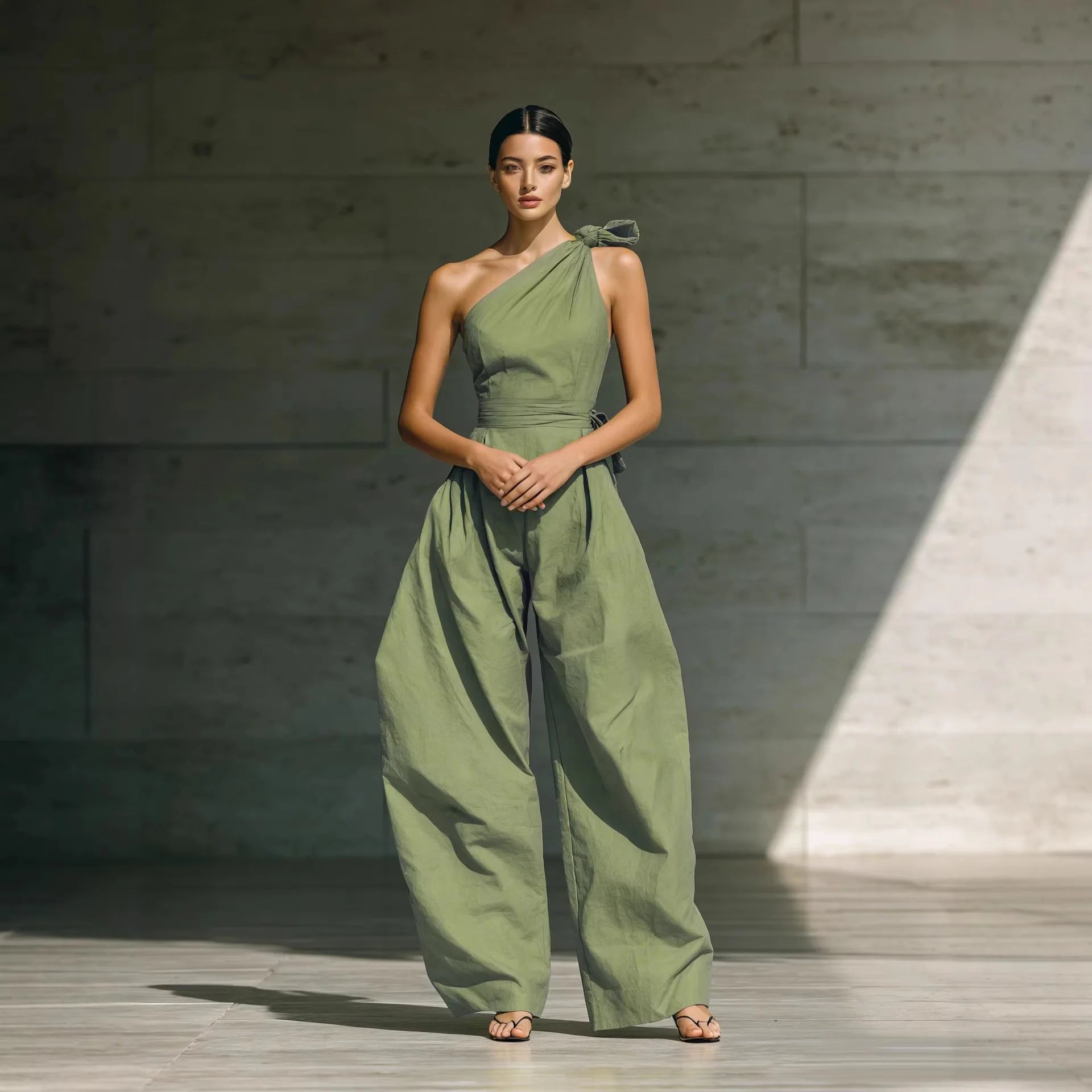 One-Shoulder Draped Lace-Up Wide-Leg Jumpsuit