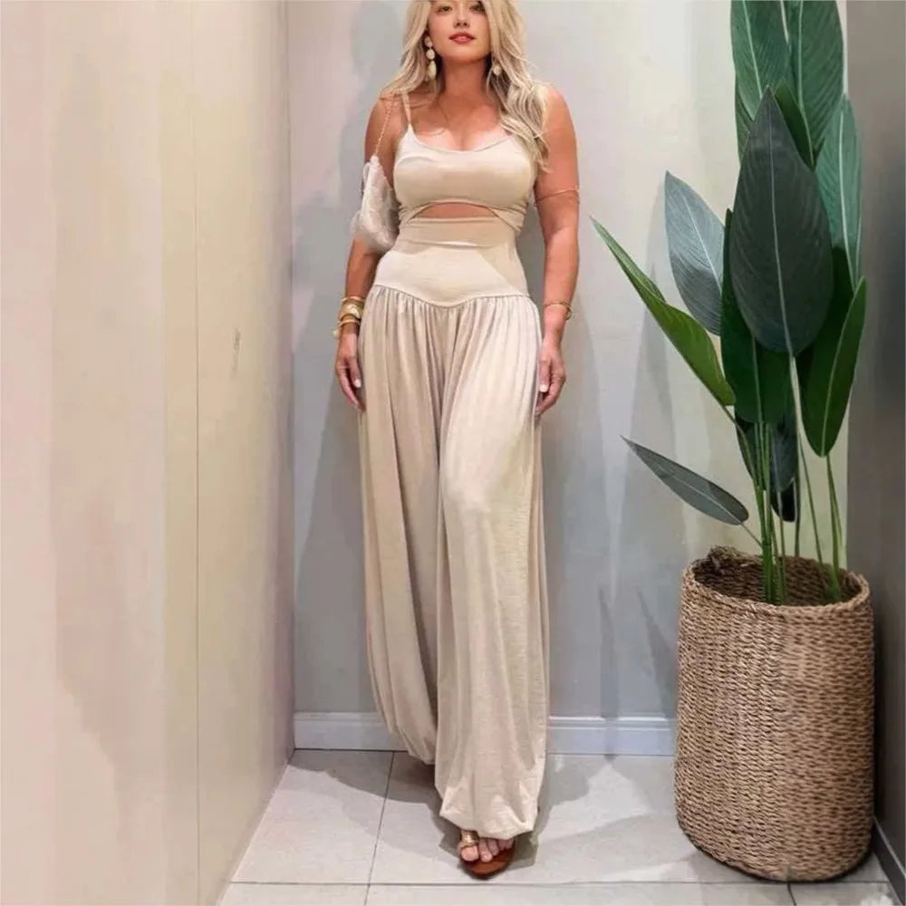 Cami Hollow-Out Waist Backless Tie-Back Slim Wide-Leg Jumpsuit