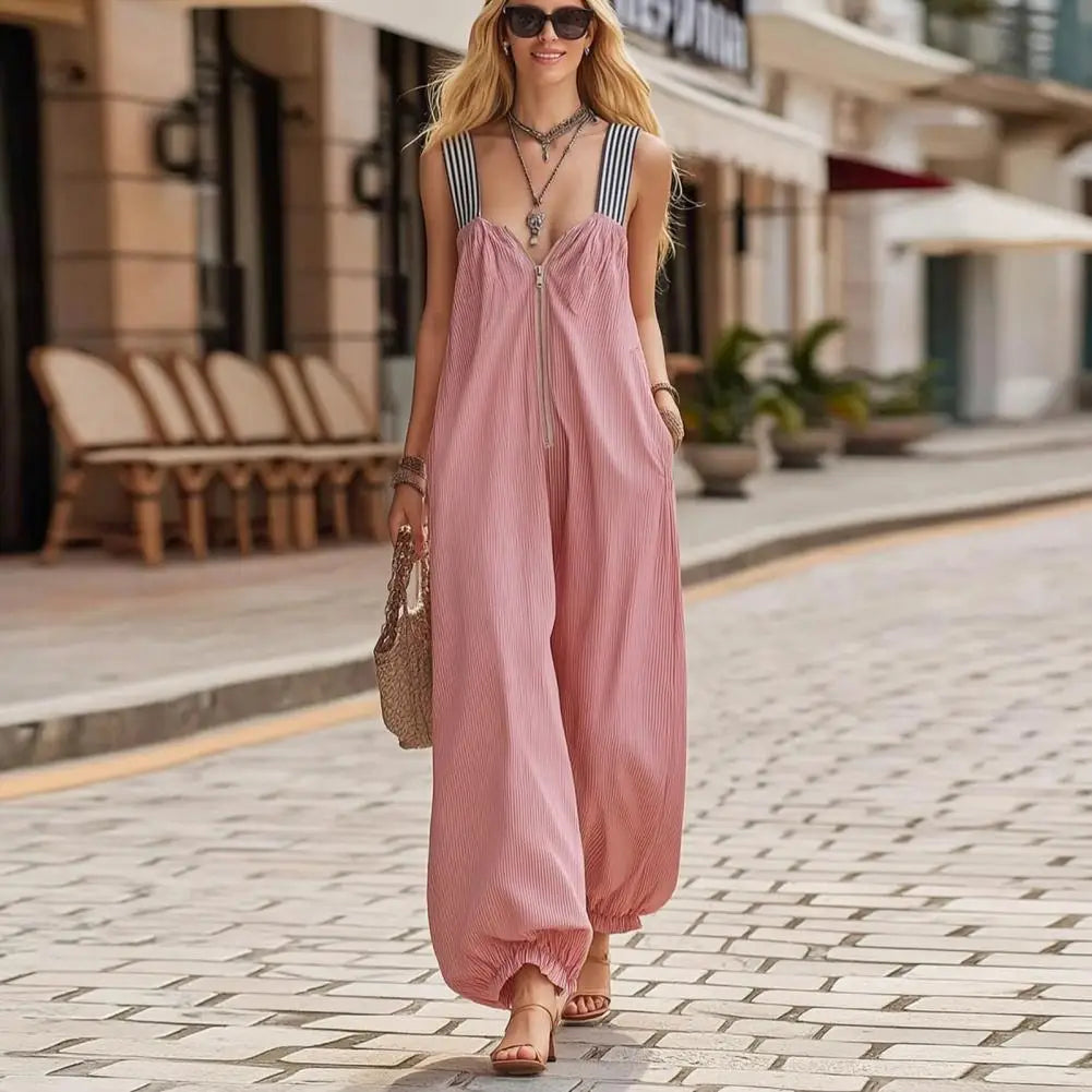 Sleeveless Striped Wide-Leg Jumpsuit with Zipper & Pockets