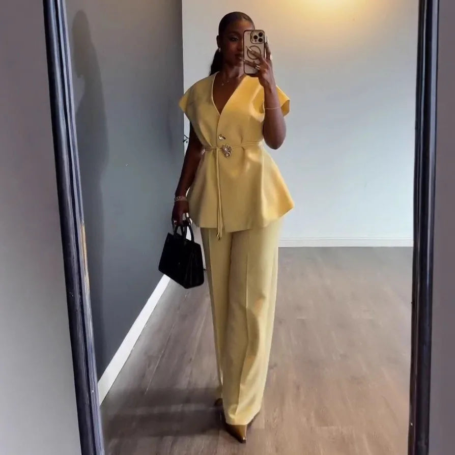 V-Neck Lace-Up Top & Wide Leg Pants Set