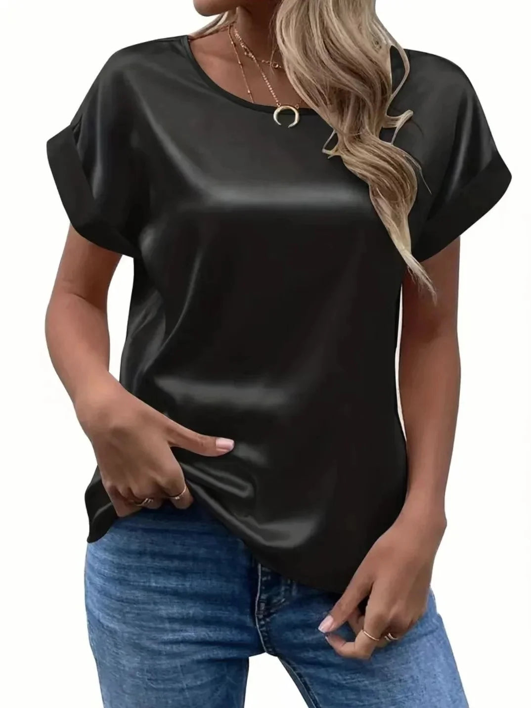 Satin Batwing Sleeve O-Neck Loose Blouse