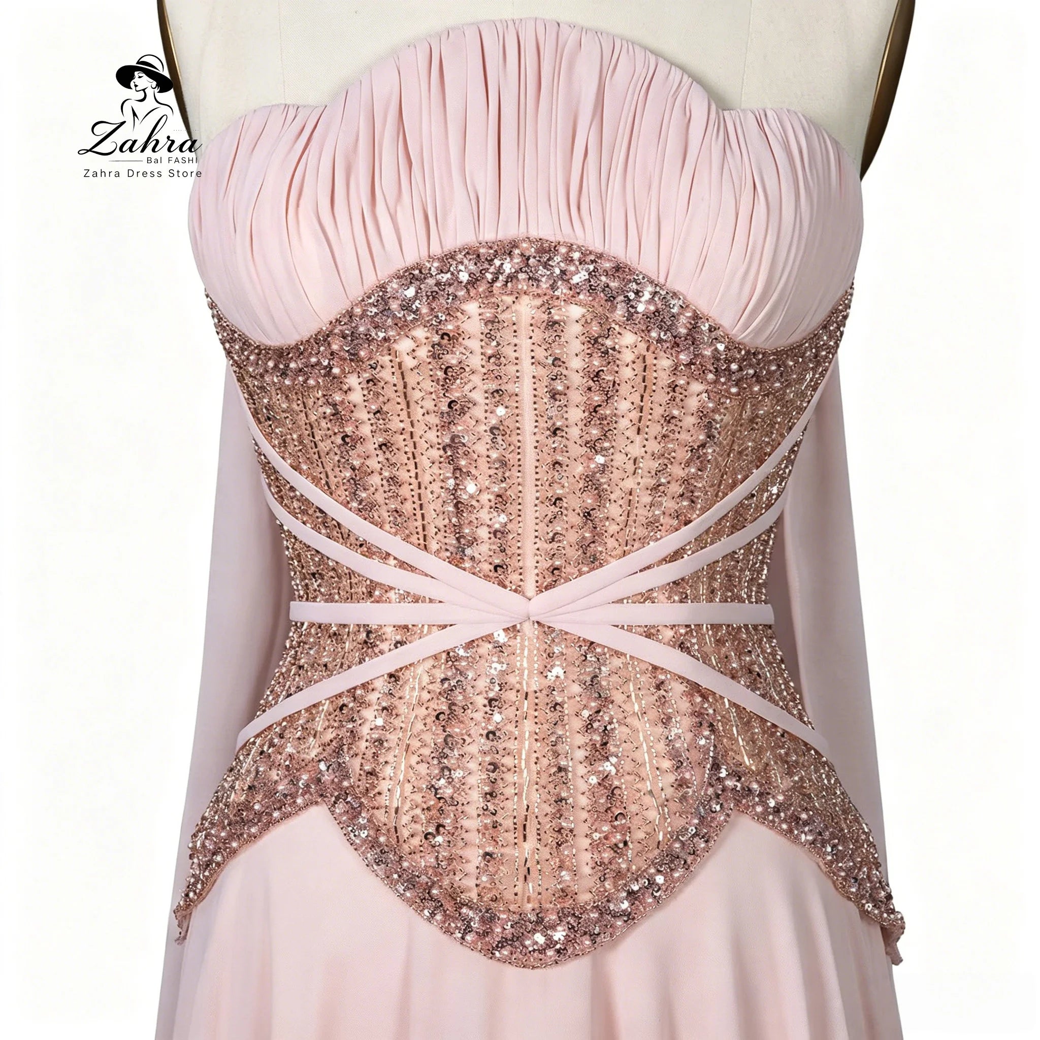 Women's Formal Evening Gowns Blush Pink Strapless Beaded Corset Chiffon Cape Evening Dresses Elegant Party Dresses Wedding Dress