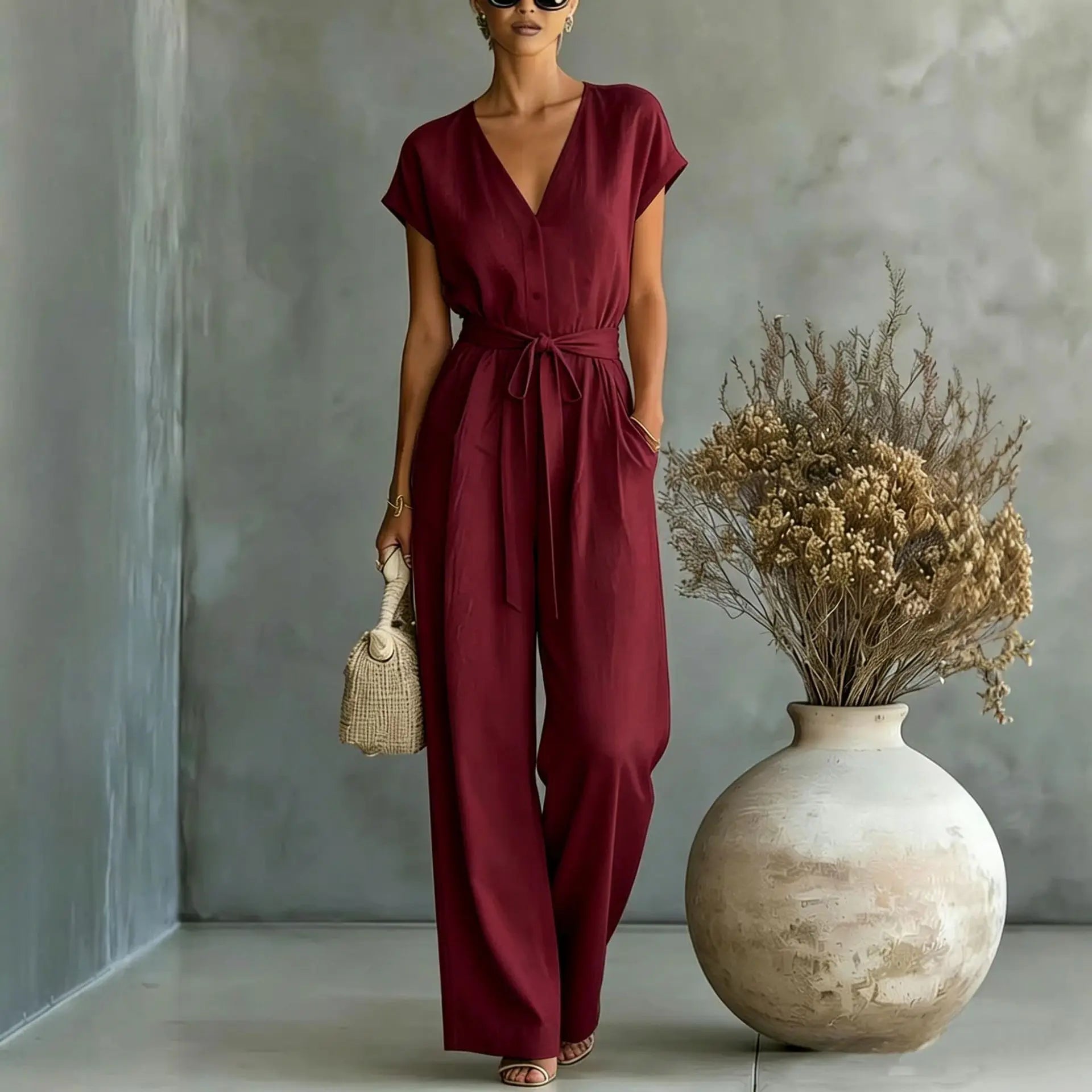 V-Neck Button Short Sleeve Lace-Up Wide-Leg Jumpsuit