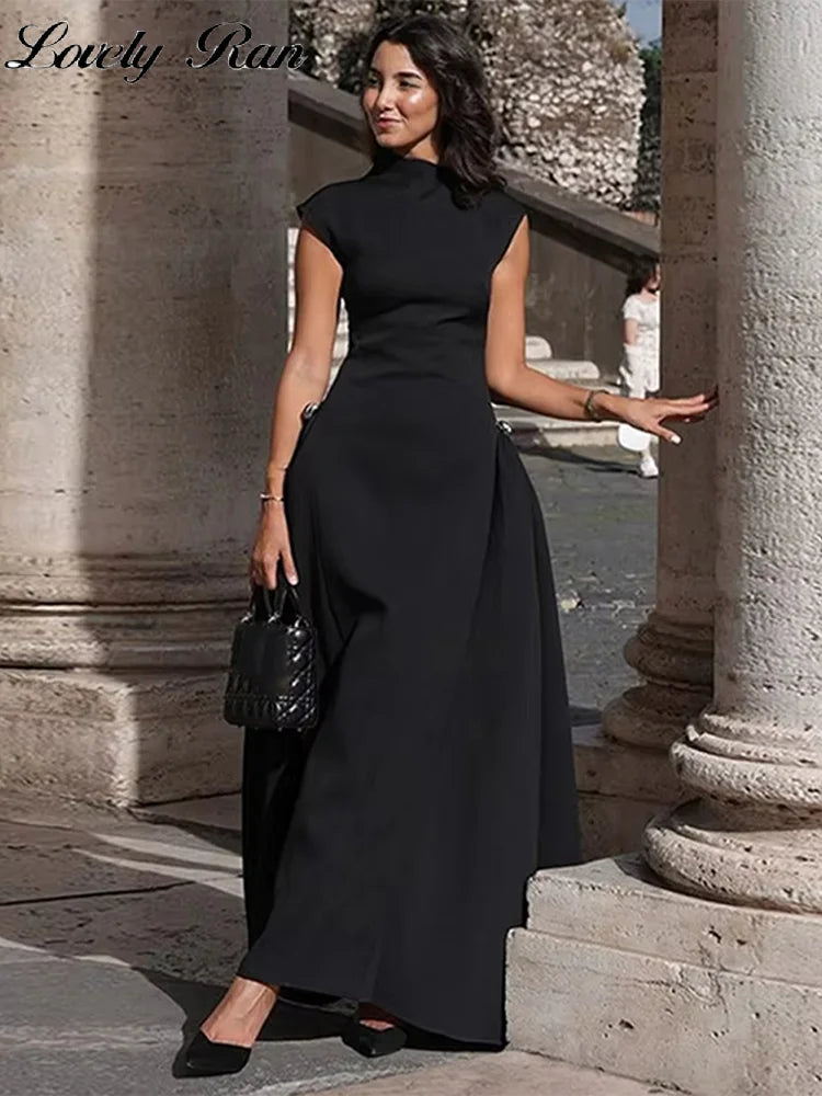Elegant Black Long Dress Women Fashion High Collor Sleeveless Pleat Irregular Dresses 2025 Spring Summer Party Lady Evening Robe