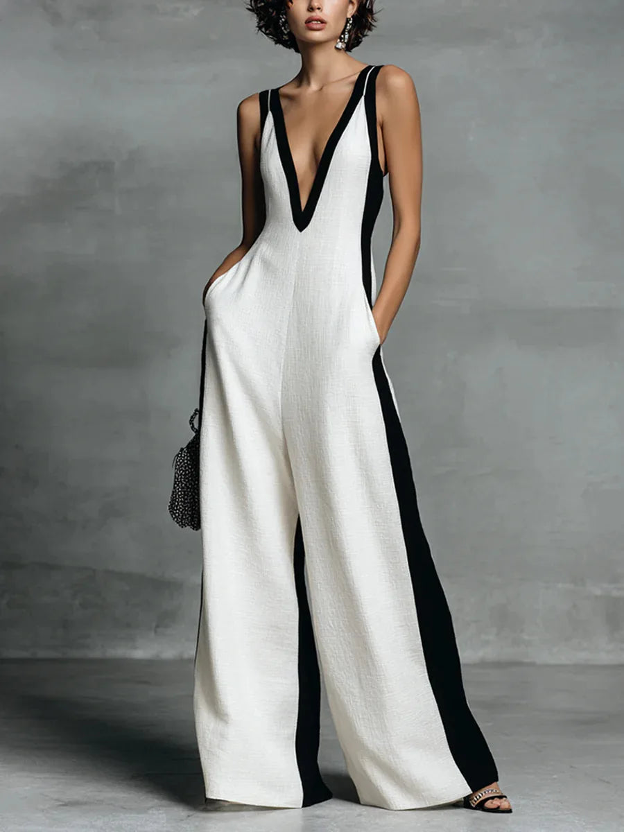 Deep V-Neck Strap Sleeveless Wide-Leg Jumpsuit with Back Zipper