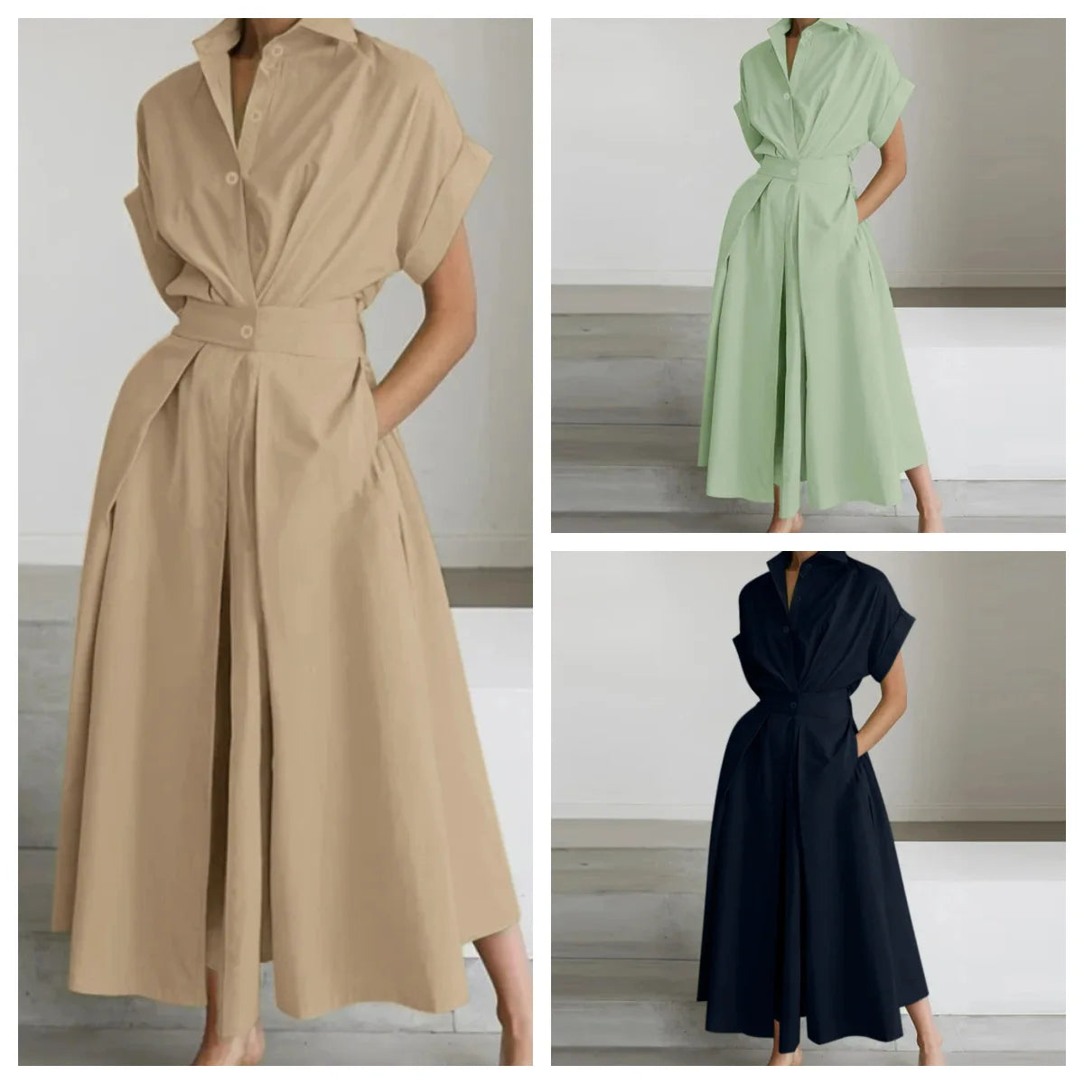 Women's Elegant Dress Fashionable Summer High Waisted Button Short Sleeved Casual Solid Color Spring Summer Jumpsuit Long Skirt