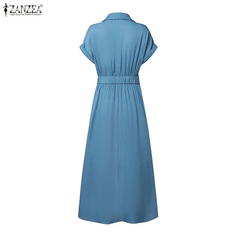 2026 Summer Denim Blue Dress ZANZEA Stylish Women High Waist Office Wear Sundress Short Sleeve Lape Neck Dresses Buttons Up Robe
