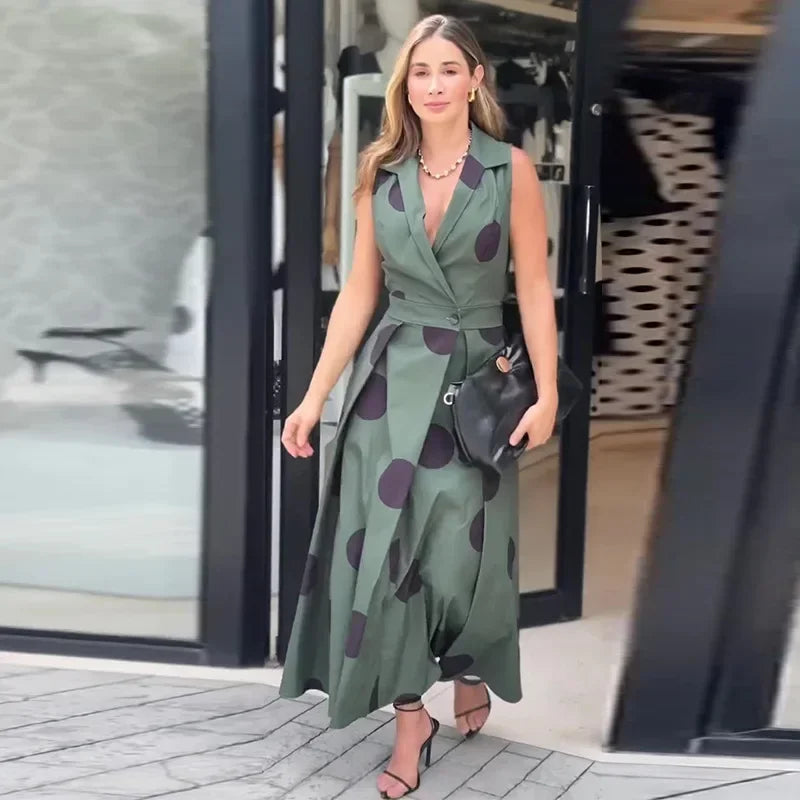 Commuter Button Sleeveless Blazer Maxi Dress Women Dot Office Lady Ankle Length Loose Fit Spliced Button Print Casual Daily Wear