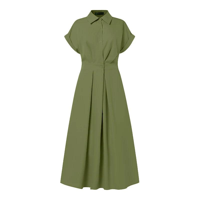 ZANZEA Fashion Women Collared Shirtdress Elegant Short Sleeve Elastic Wasit A-Line Maxi Dresses Summer Casual Robes Streetwear