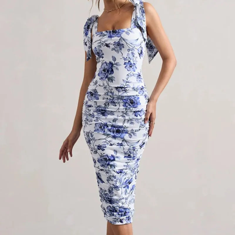 Retro Print Pleated Square Neck Midi Dress – Sleeveless, Slim