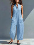 Sleeveless Stand Collar Button-Down Slim Straight-Leg Jumpsuit with Pockets