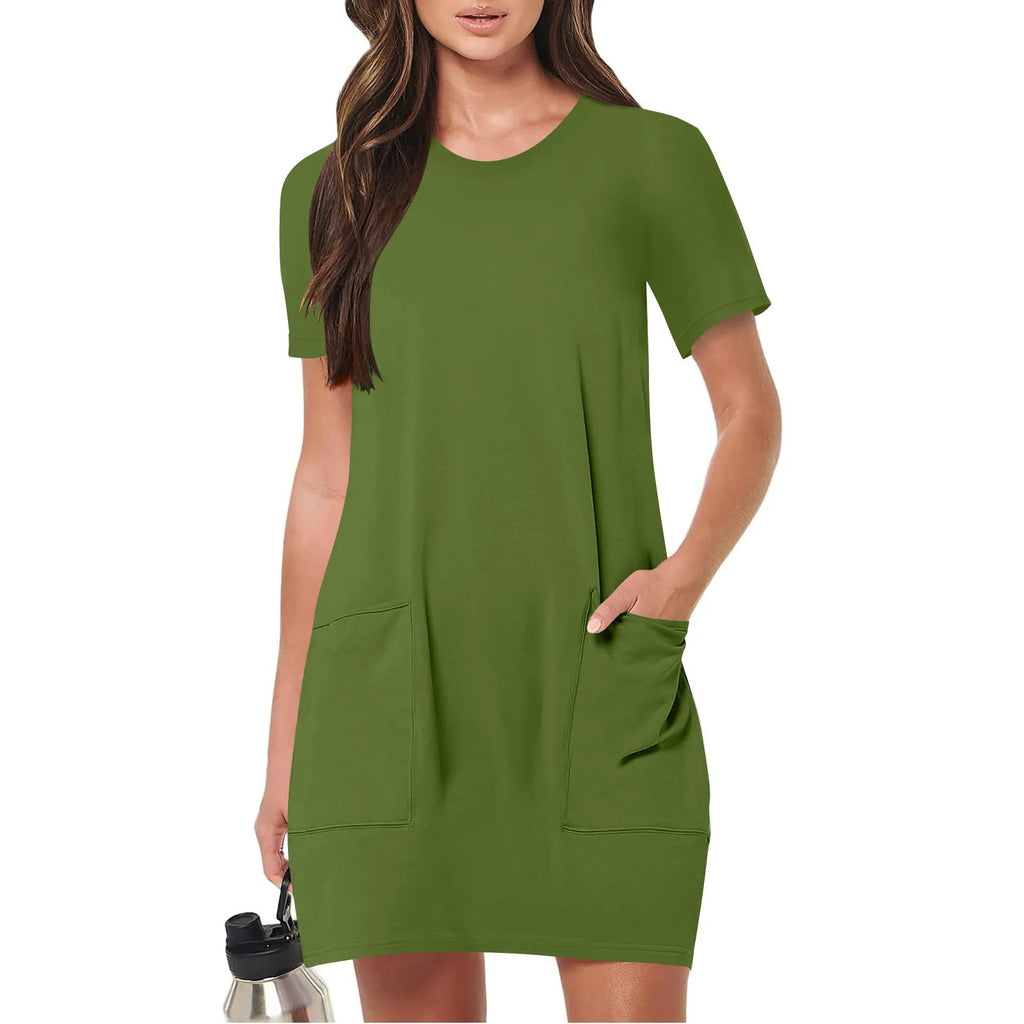 Loose Pocket Round-Neck Casual Mini Dress
