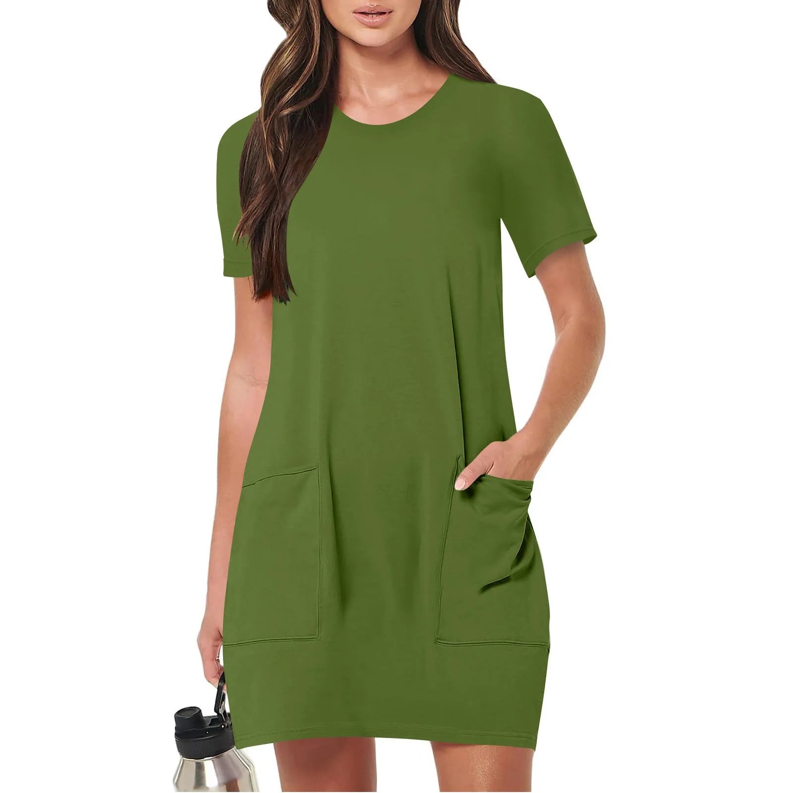 Loose Pocket Round-Neck Casual Mini Dress