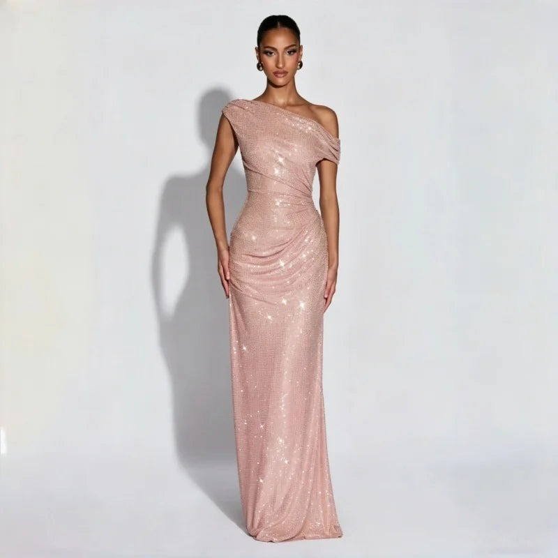 Elegant One-Shoulder Sequin Evening Gown | Backless Slim-Fit Long Dress