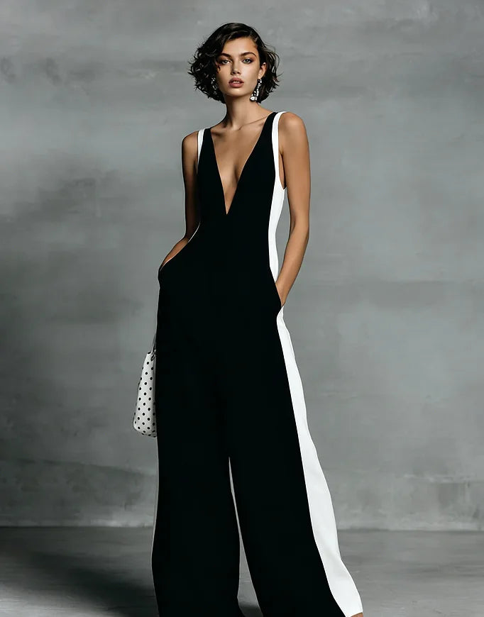 Sexy Deep V Neck Straps Wide Leg Jumpsuit Summer Sleeveless Color Block Patchwork Jumpsuits Elegant Casual Back Zipper Romper