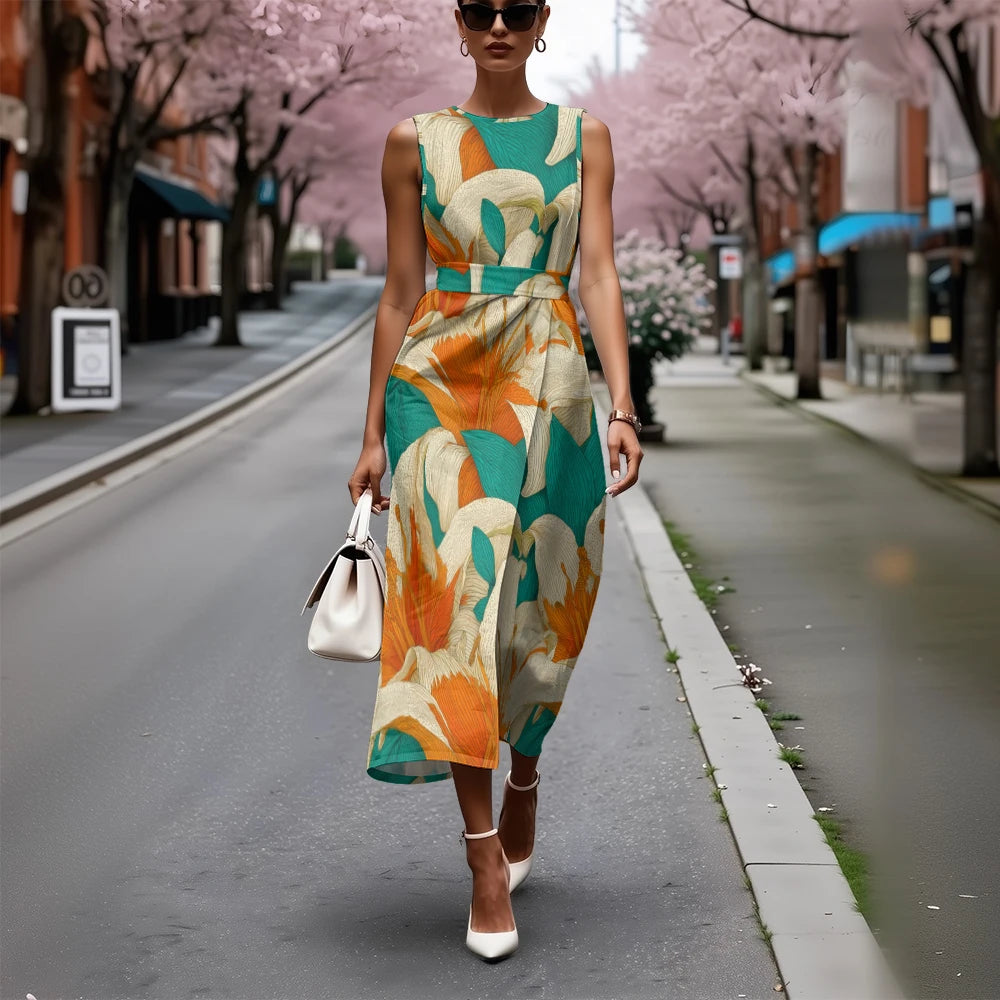 Floral Slash-Neck Sleeveless A-Line Midi Dress