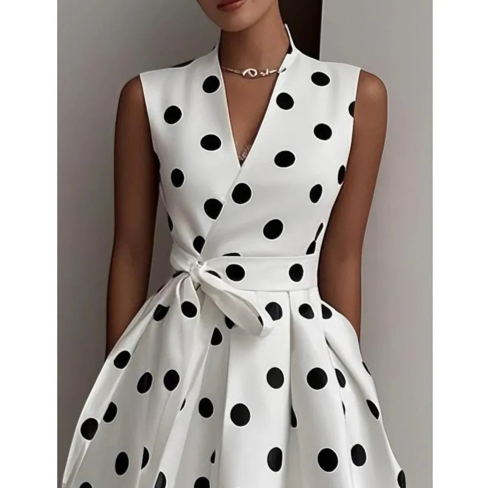 French Polka Dot Dress Summer Women's Fashion Retro Sexy V-neck Sleeveless Waist Tie Bow Long Dress Vestidos De Fiesta Elegantes
