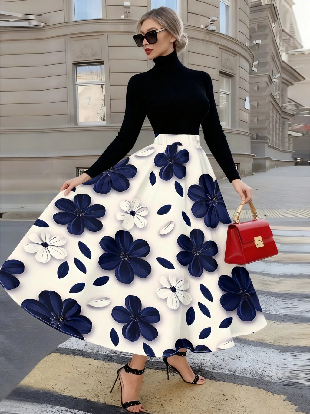 Blue White Floral A-Line Skirt