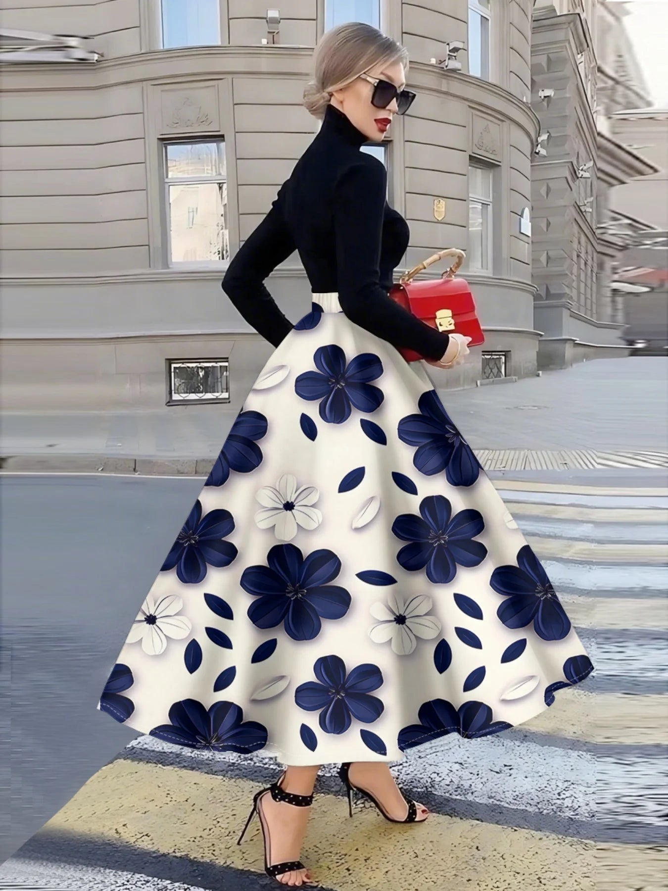 Blue White Floral A-Line Skirt