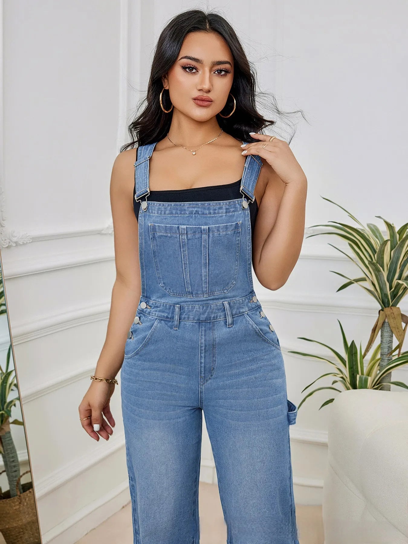 Sleeveless Adjustable Strap Baggy Denim Bib Overall with Cargo Pockets