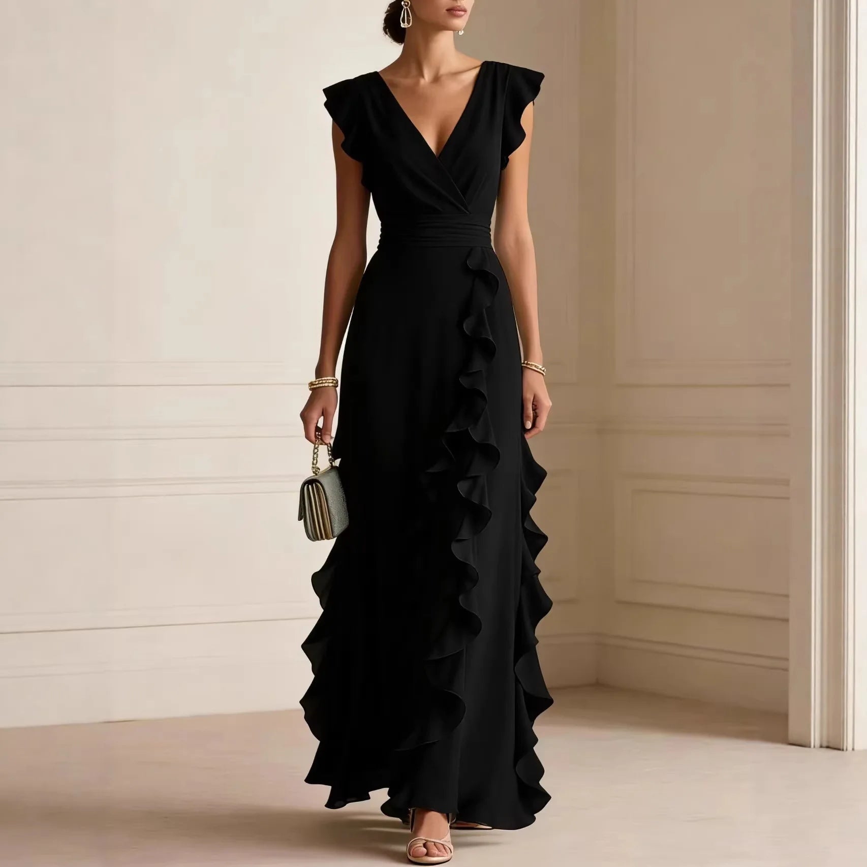 V-Neck Pleated Short Sleeve Solid Maxi Dress