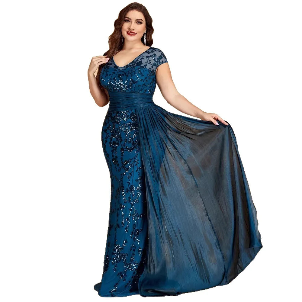 Elegant Beaded V-Neck Sleeveless Evening Dress Midi Skirt for Women Knitted Fabric Glitzy Sequin Party Ball Gown Mom Size