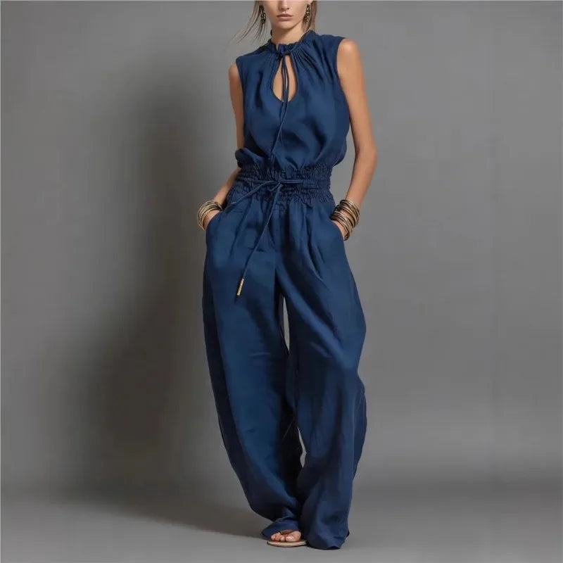 Vestidos Hollow Lace Wide-leg Trousers Jumpsuits Summer New Solid Color Loose Sleeveless Lace-up Waist Jumpsuit Set for Women