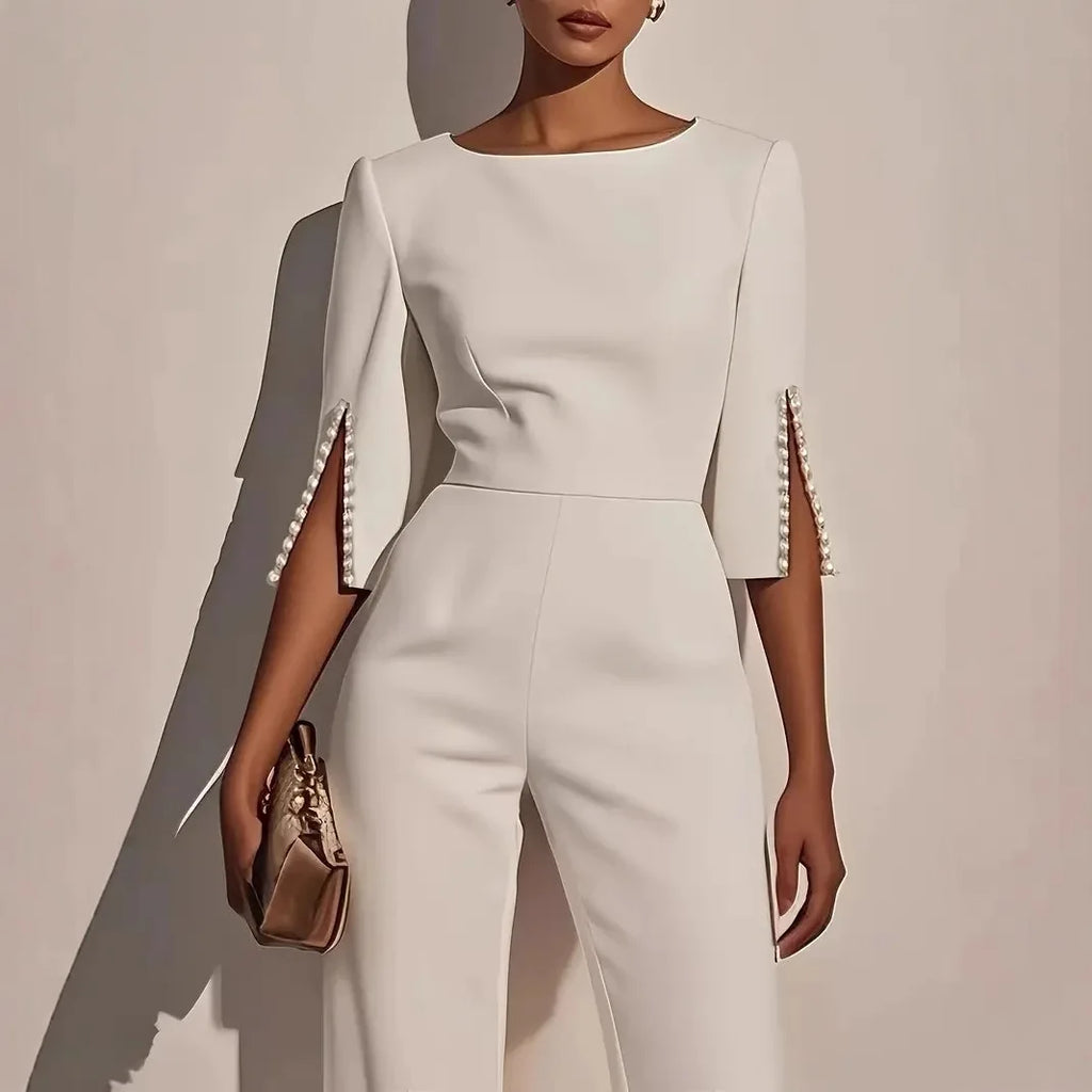2025 Women's Jumpsuits Beaded Decorative Slim Trousers Three-quarter Sleeves Office Evening Pink Fashion Business Playsuit